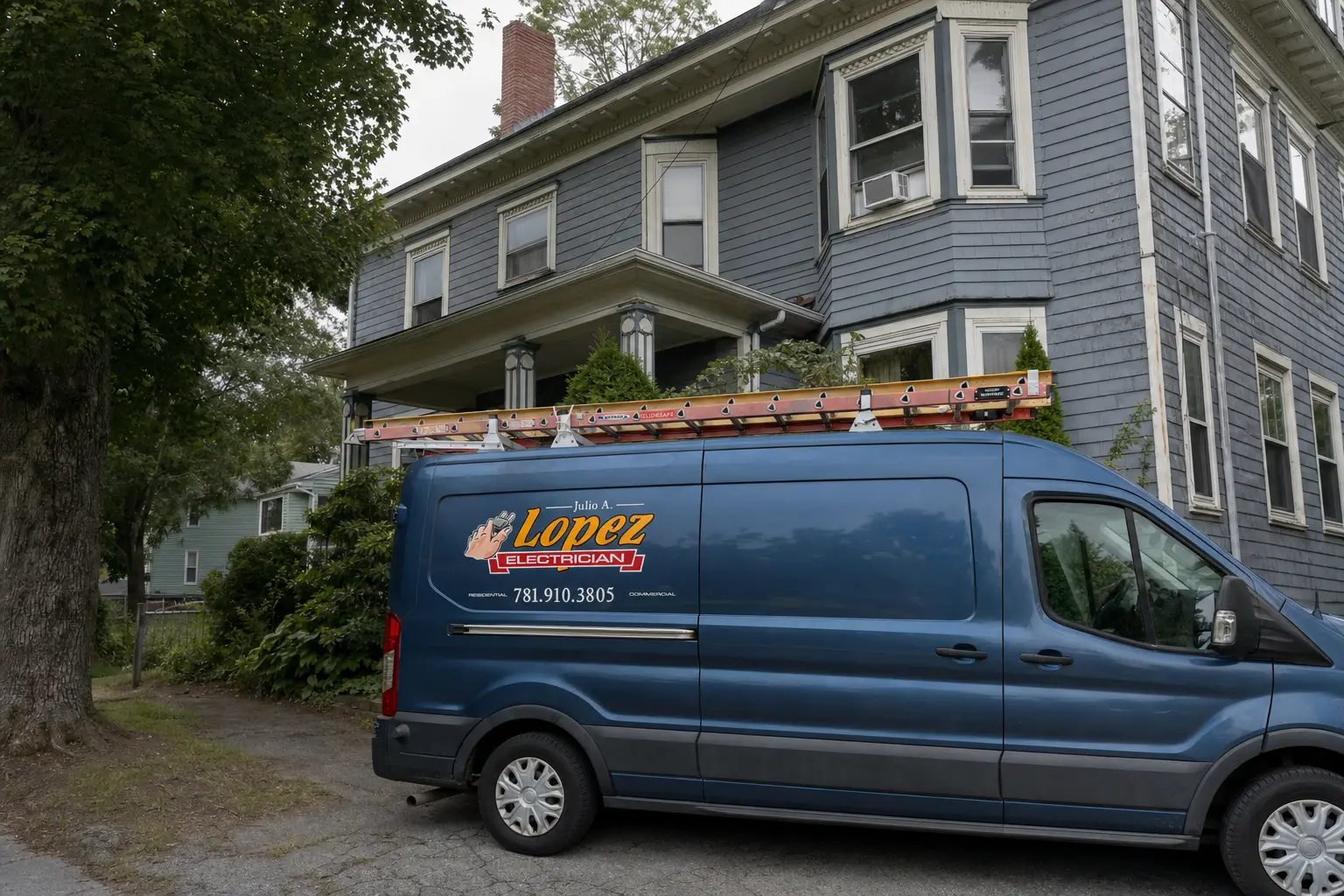 Julio Lopez Electrician van in front of a a merrimack valley home
