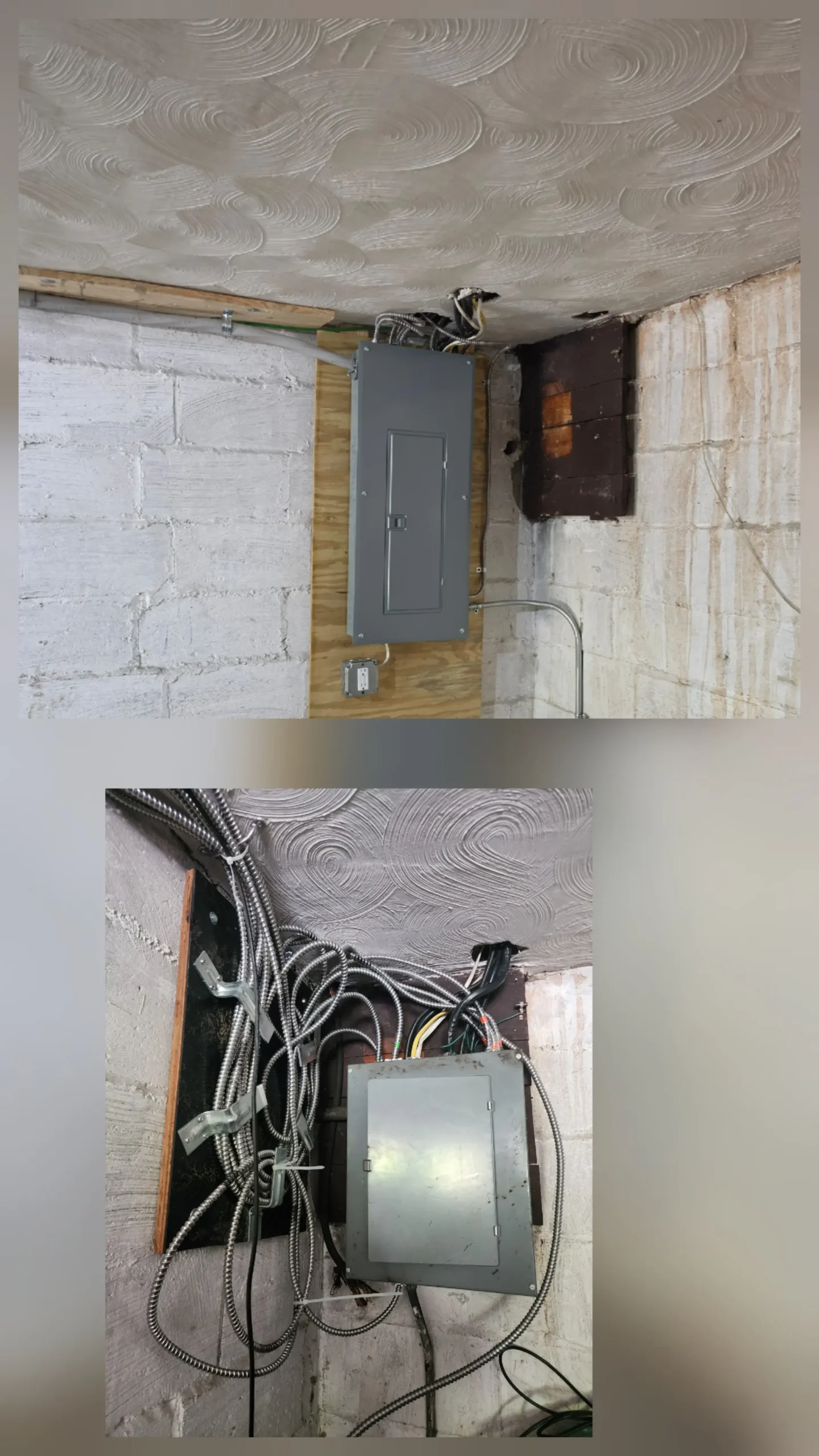 Before and after residential electrical panel replacement in an older home