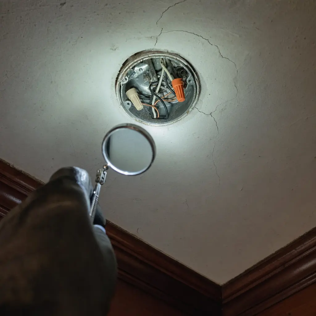 Inspecting a ceiling box at an older residential home.