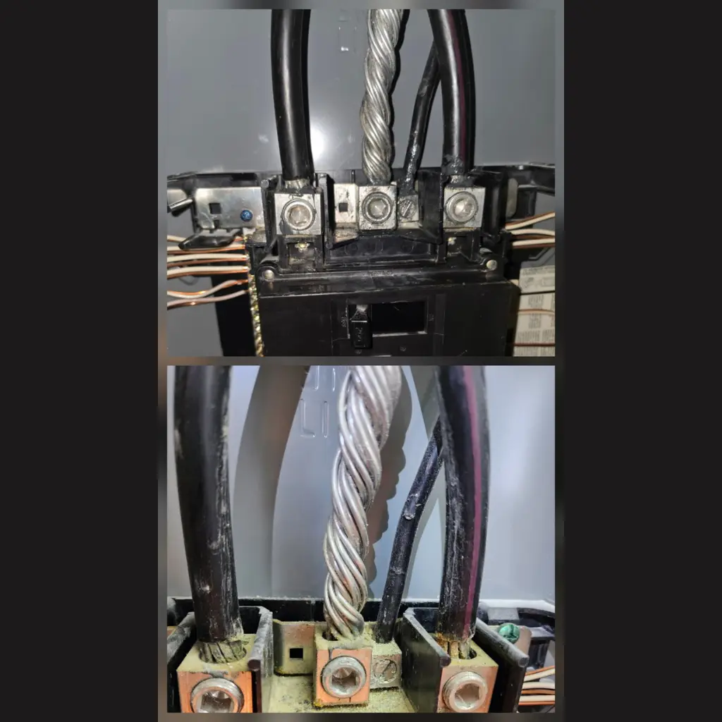 Close-up views of service conductors and connections at the main electrical panel