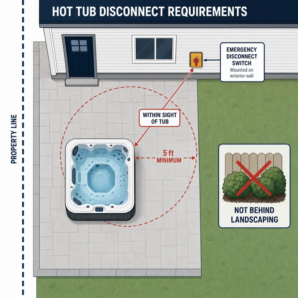 Infographic of a hot tub disconnect requirements for a residential home