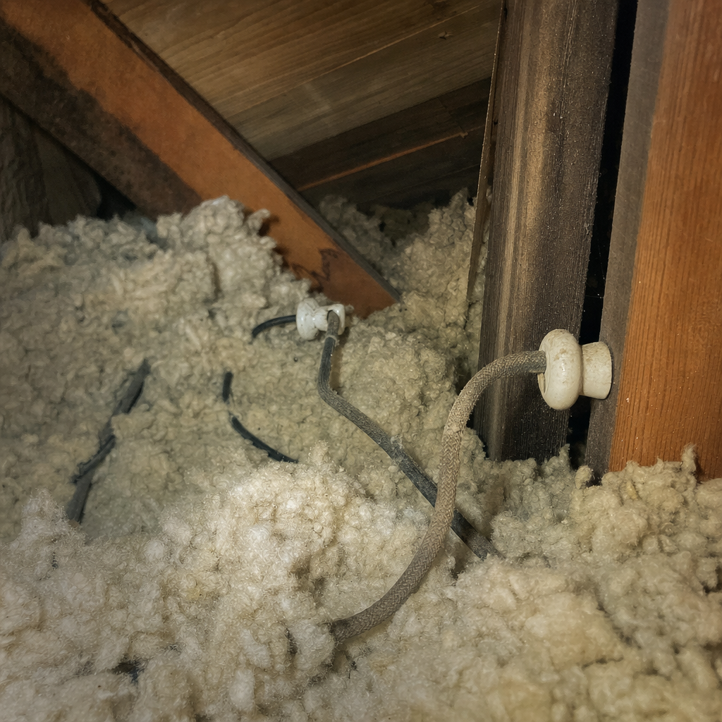 Old home attic showing knob-and-tube with old insulation near it