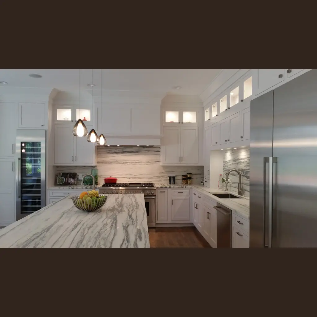 Kitchen remodel upgrade with new lights on the ceiling and cabinetry