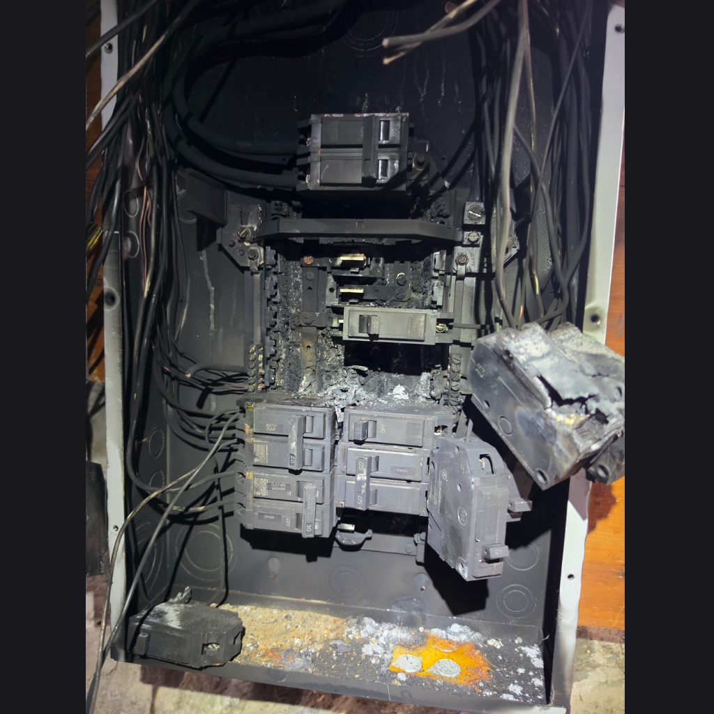 Close-up of an electrical panel with burned breakers and severe heat damage