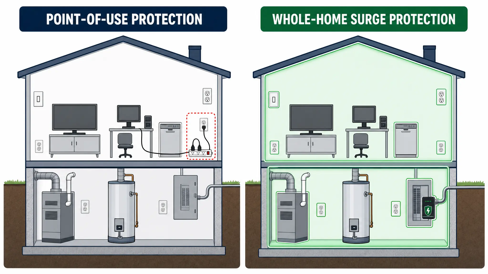 Infographic of a whole-house protection diagram showing the house before and after