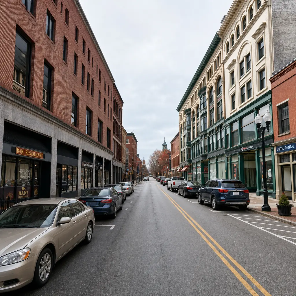 Image of Merrimack st. in Lowell MA showcasing the many commercial businesses in the area.