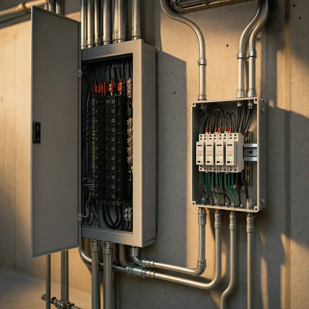 Surge protective device integrated into a commercial panel setup in a Lowell, MA electrical room