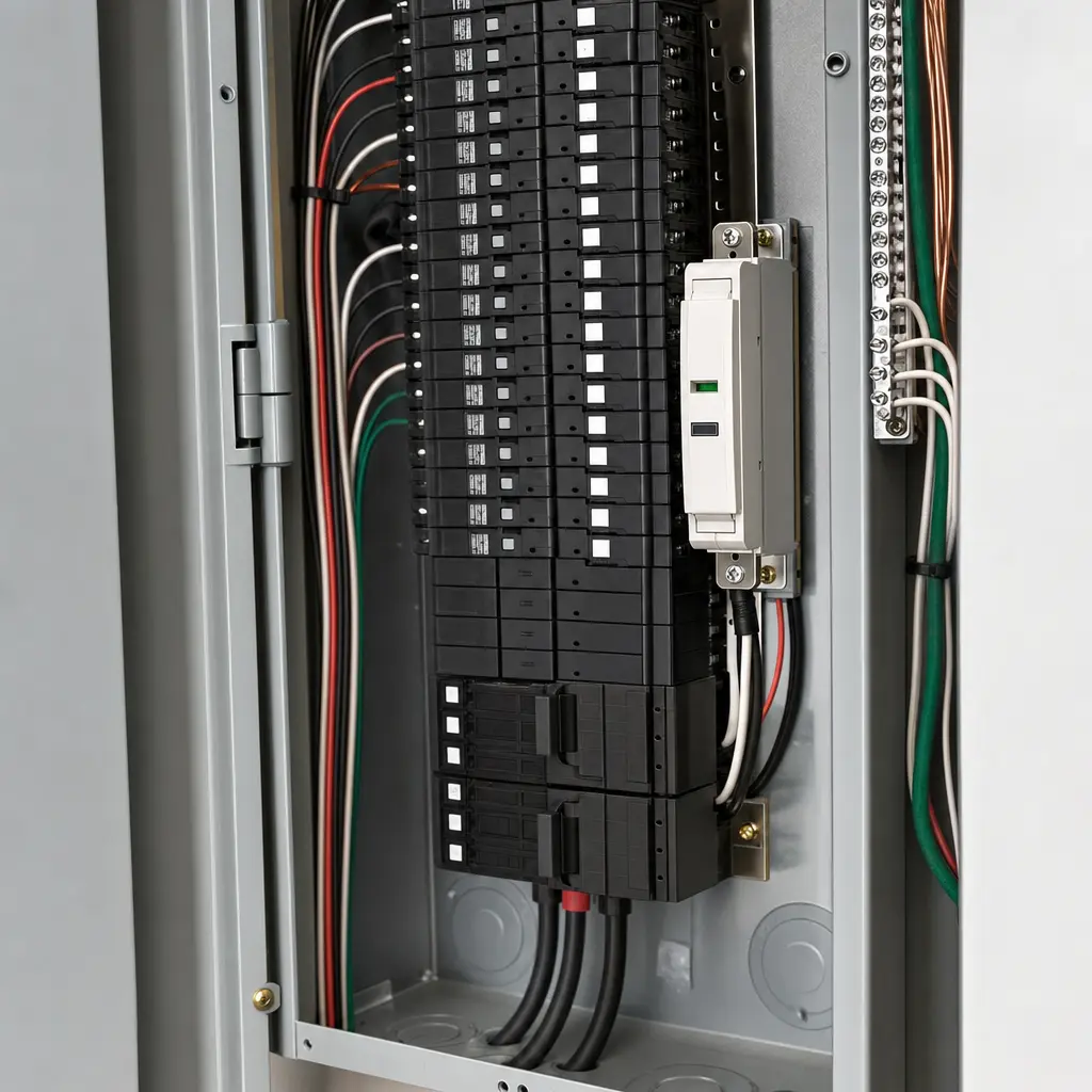 Type 2 surge protective device installed in a commercial electrical panel in Lowell, MA